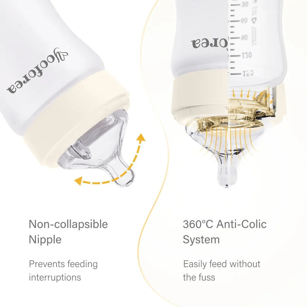 Yooforea silicone-coated glass baby bottle 5oz/150ml; tilted to feed, showing non-collapsible nipple and 360° anti-colic system.