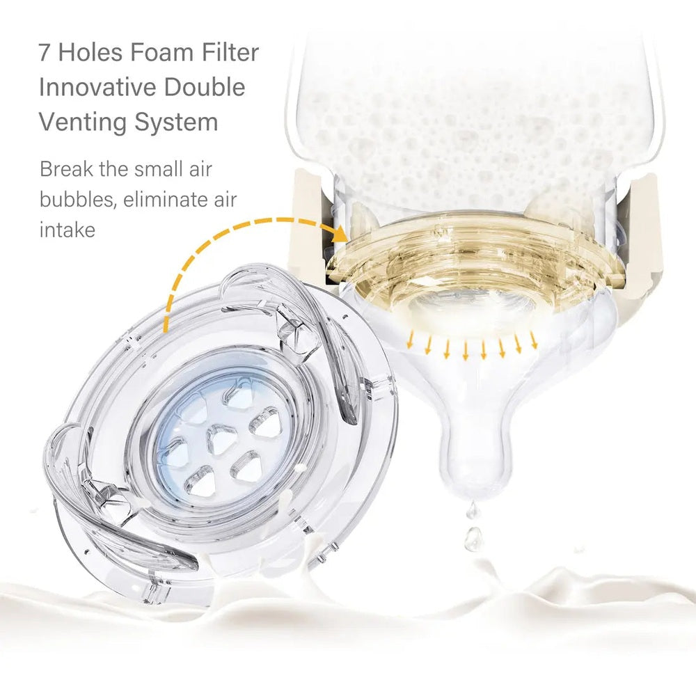 Yooforea Silicone Coated Glass Baby Bottle 5oz/150ml showing 7-hole foam filter and venting system in action.