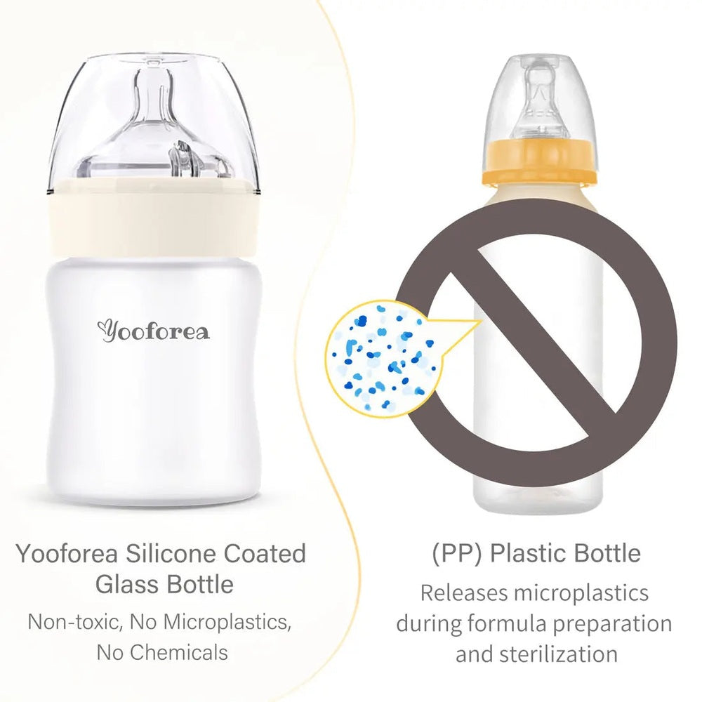 Yooforea Silicone Coated Glass Baby Bottle 5oz/150ml in white with cream cap; shown upright beside a no-PP bottle to indicate no microplastics.