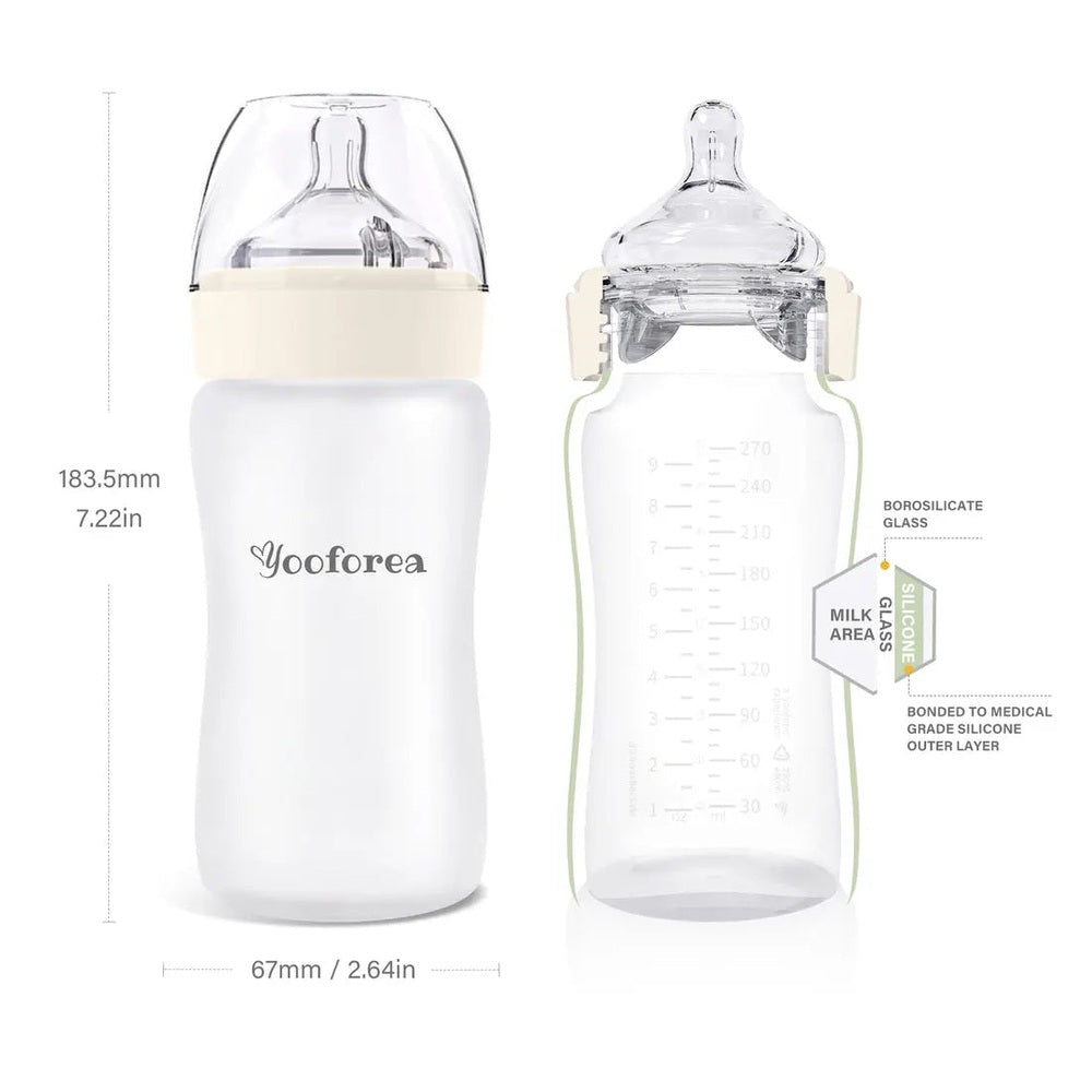 Yooforea Silicone Coated Glass Baby Bottle 9Oz/270ml, white outer sleeve with cream collar and clear nipple.
