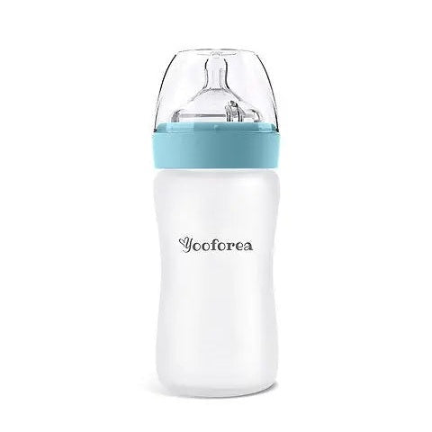 Yooforea silicone-coated glass baby bottle 9oz/270ml, white with blue cap, standing upright to reveal the clear nipple