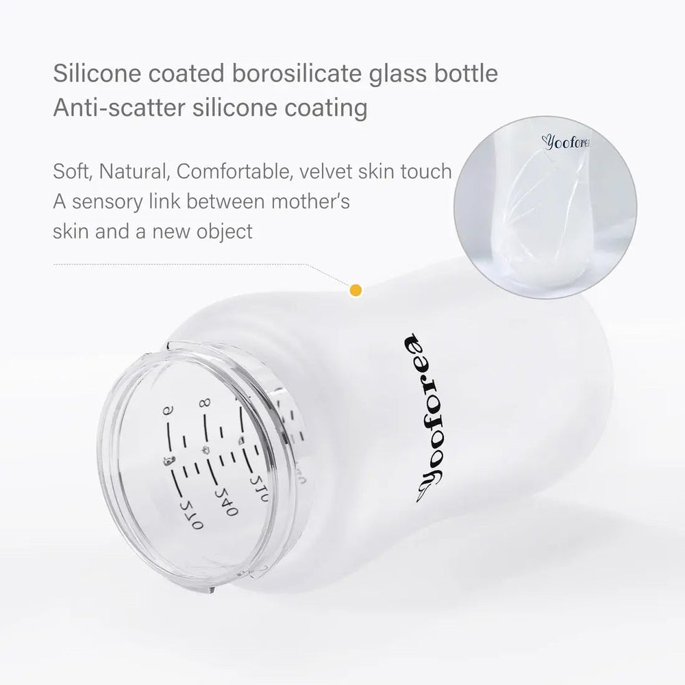 Yooforea silicone coated glass baby bottle 9oz/270ml; shown on its side to reveal anti-scratch coating.