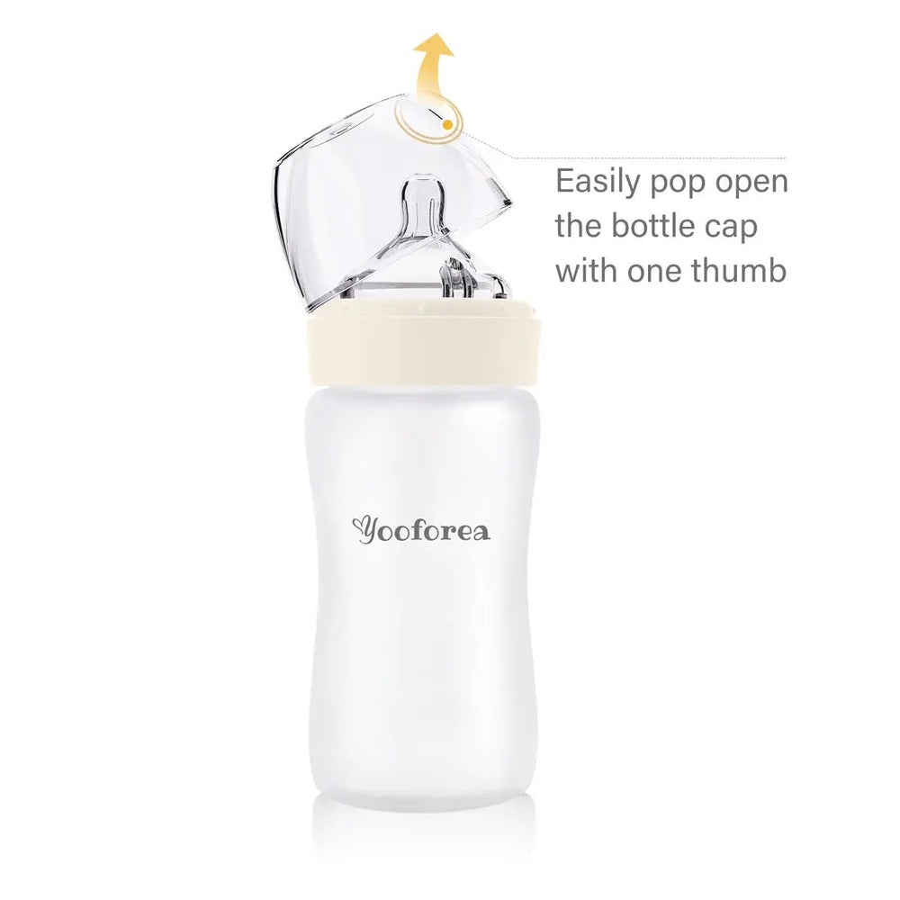 Yooforea Silicone Coated Glass Baby Bottle 9oz/270ml with beige cap, easily pop open the cap with one thumb