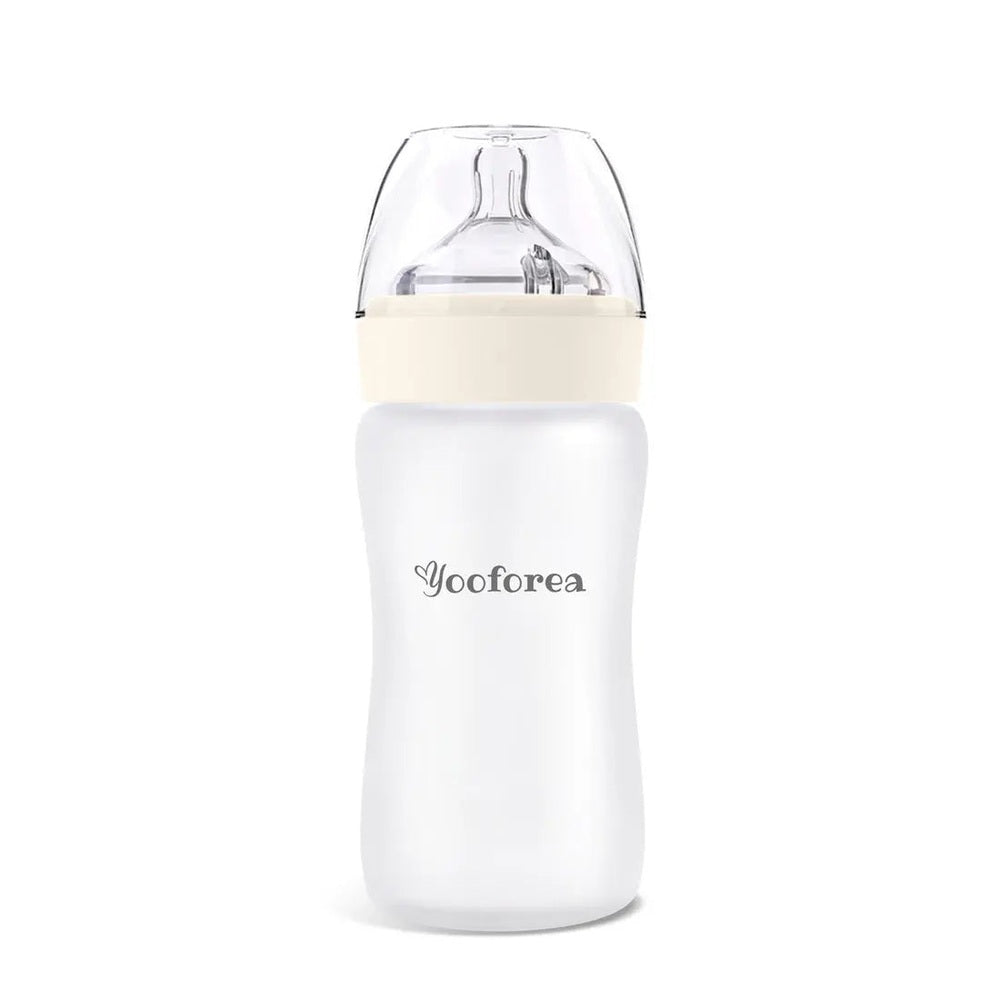 Yooforea silicone-coated glass baby bottle 9oz/270ml, white with beige collar, nipple visible.