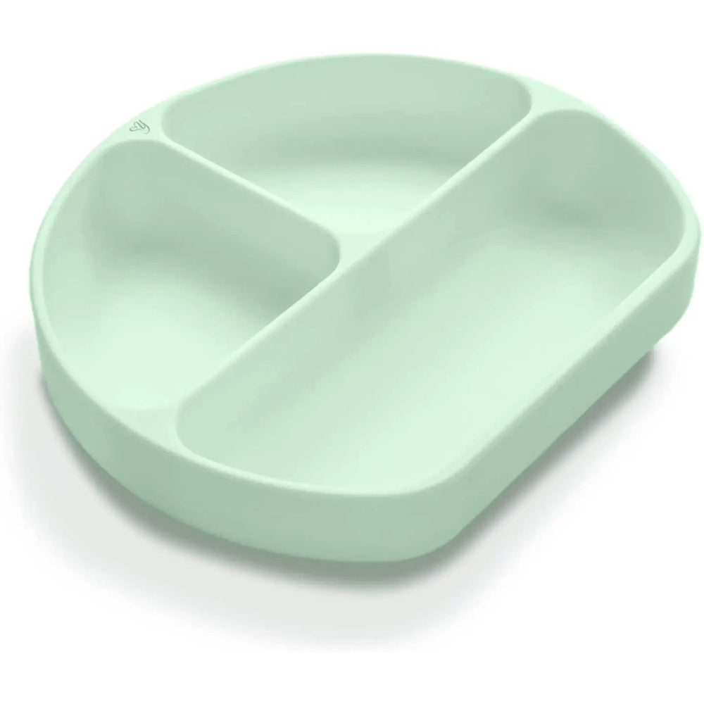 Yooforea Silicone Suction Plate mint green with divided compartments, shown flat for baby meals.
