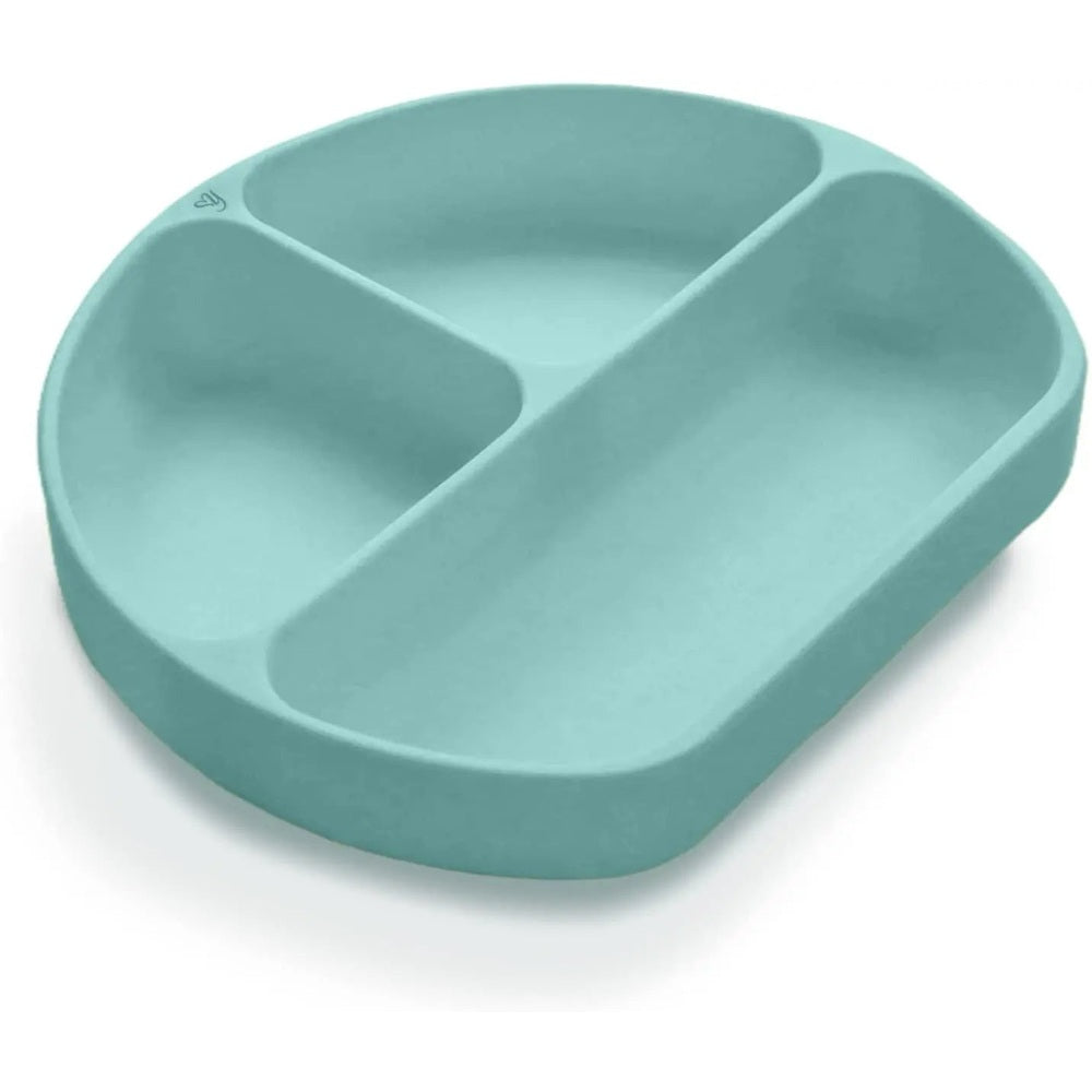 Yooforea Silicone Suction Plate in teal with three compartments, ready for baby meals.
