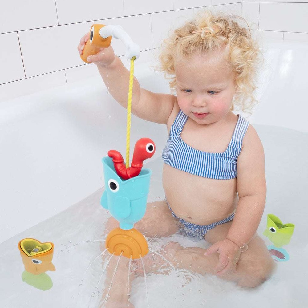 Yookidoo Catch N Sprinkle bath fishing set with blue bucket toy and toddler playing in tub