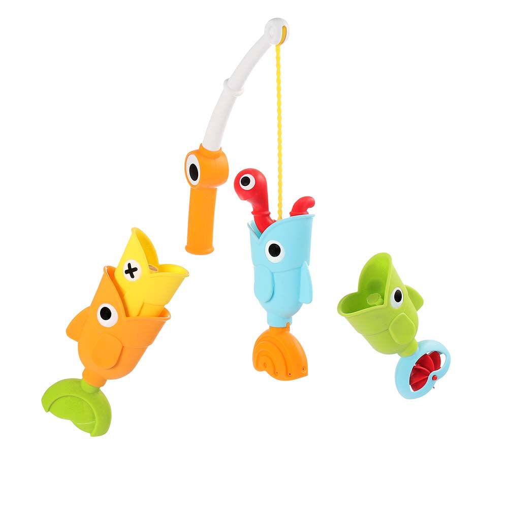 Yookidoo Catch N Sprinkle fishing set bath toy with three colorful fish and magnetic rod