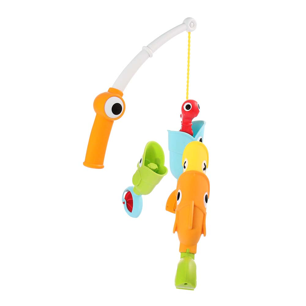 Yookidoo Catch N Sprinkle bath fishing set with 5 colorful fish pieces and rod