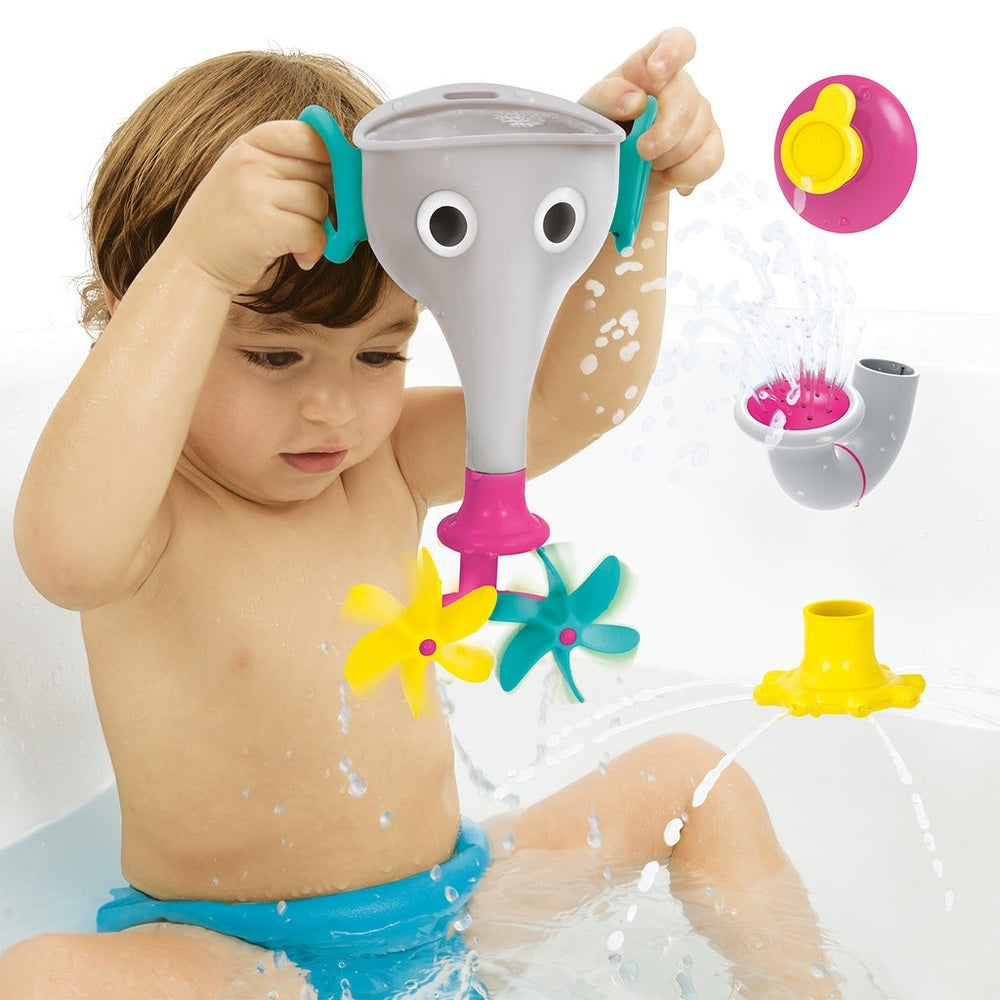 Yookidoo Funelefun Fill N Sprinkle grey bath toy set with bright colorful propeller wheels for bath play