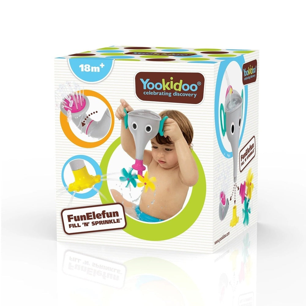 Yookidoo FunElefun Fill N Sprinkle grey bath toy set with interactive sprinkler and colorful accessories