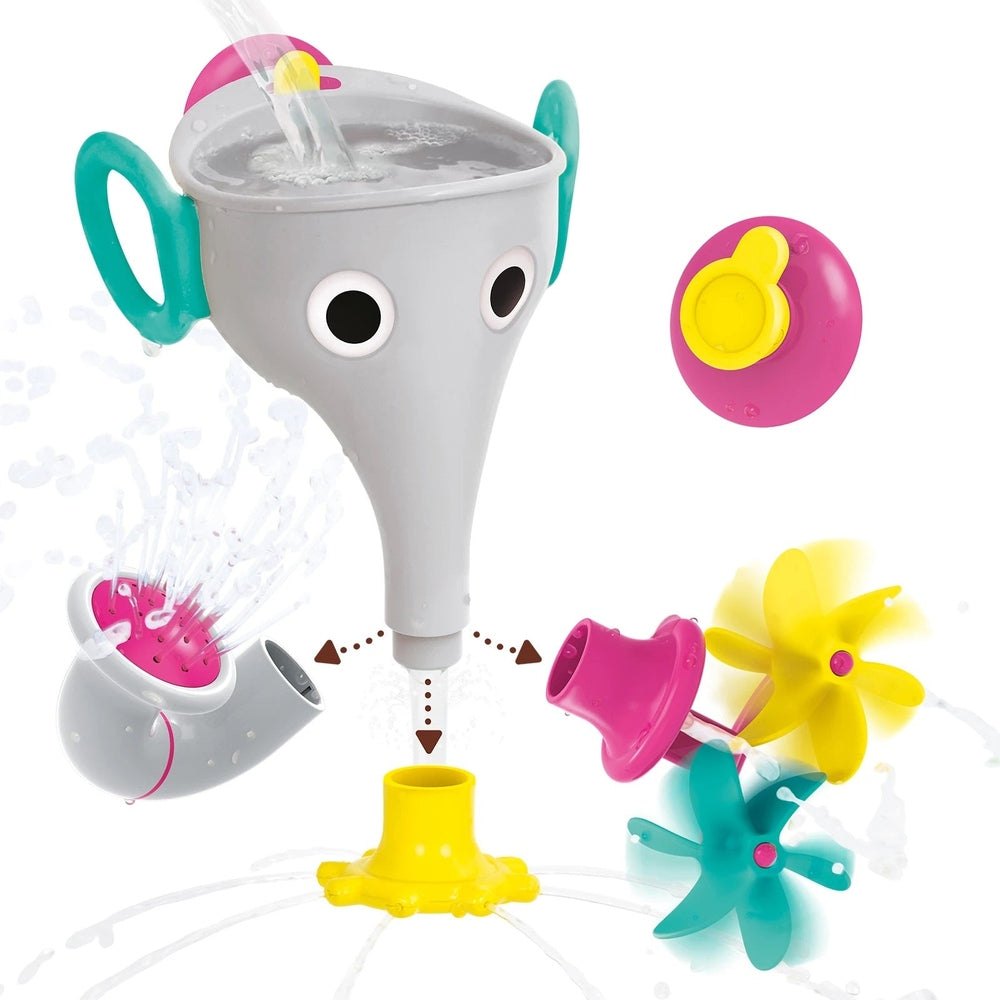 Yookidoo Funelefun Fill N Sprinkle grey bath toy with suction base and colorful propeller attachments