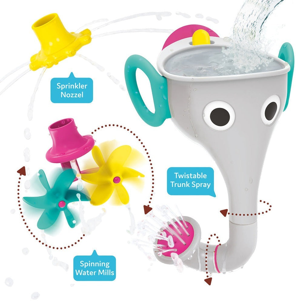 Yookidoo Funelefun Fill N Sprinkle Grey bath toy with sprinkler nozzle, twistable trunk spray and spinning water mills