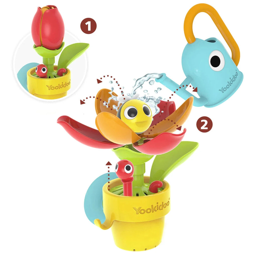 Yookidoo Peek-A-Bee Flower Tub in bright yellow with red petals spinning as water sprays from a blue watering can.