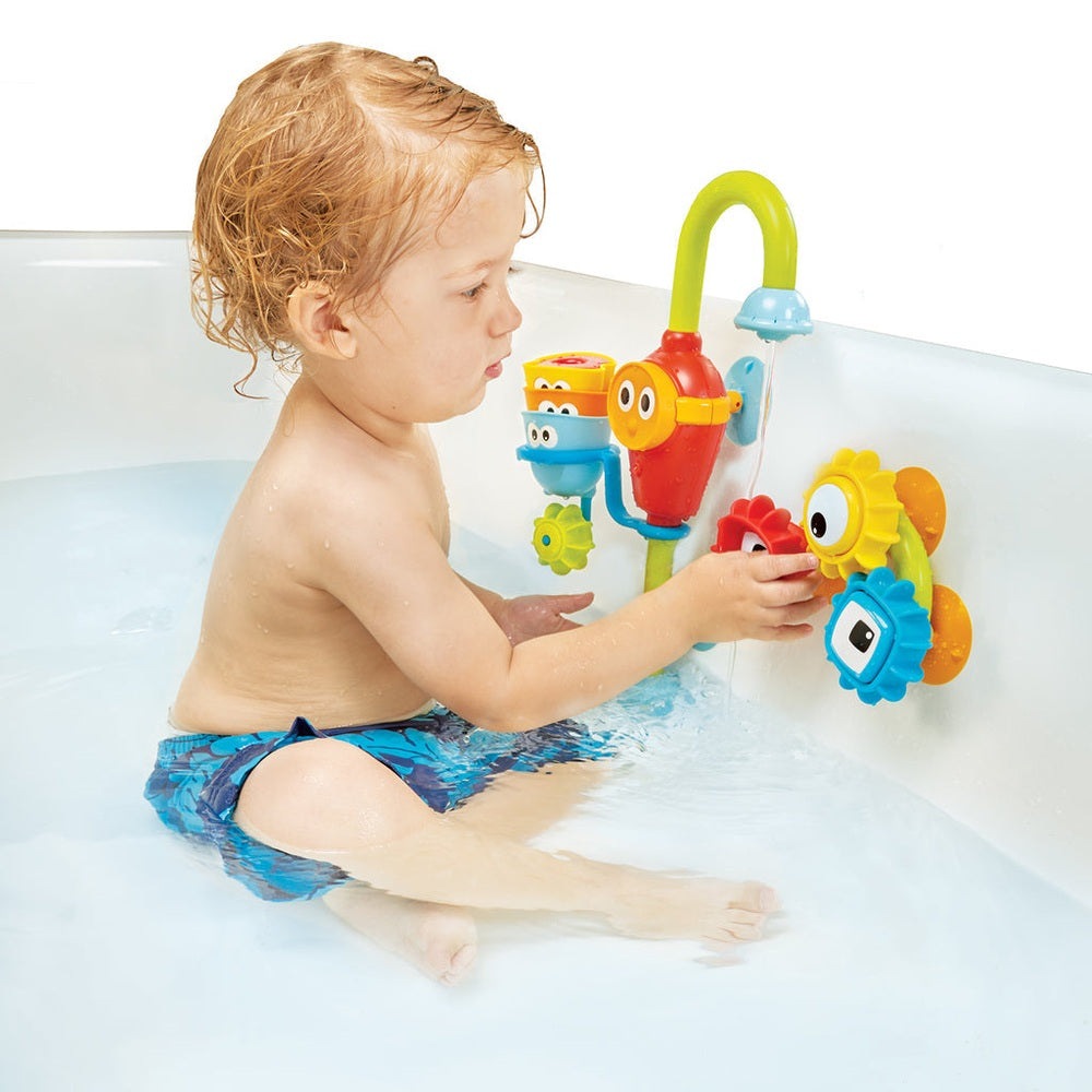 Yookidoo Spin N Sort Spout Pro bath toy with colorful gears and curved spout