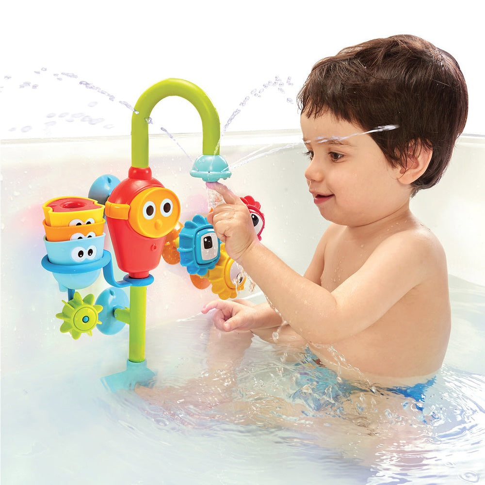 Yookidoo Spin N Sort Spout Pro bath toy; colorful stacked cups and gears for interactive bath play