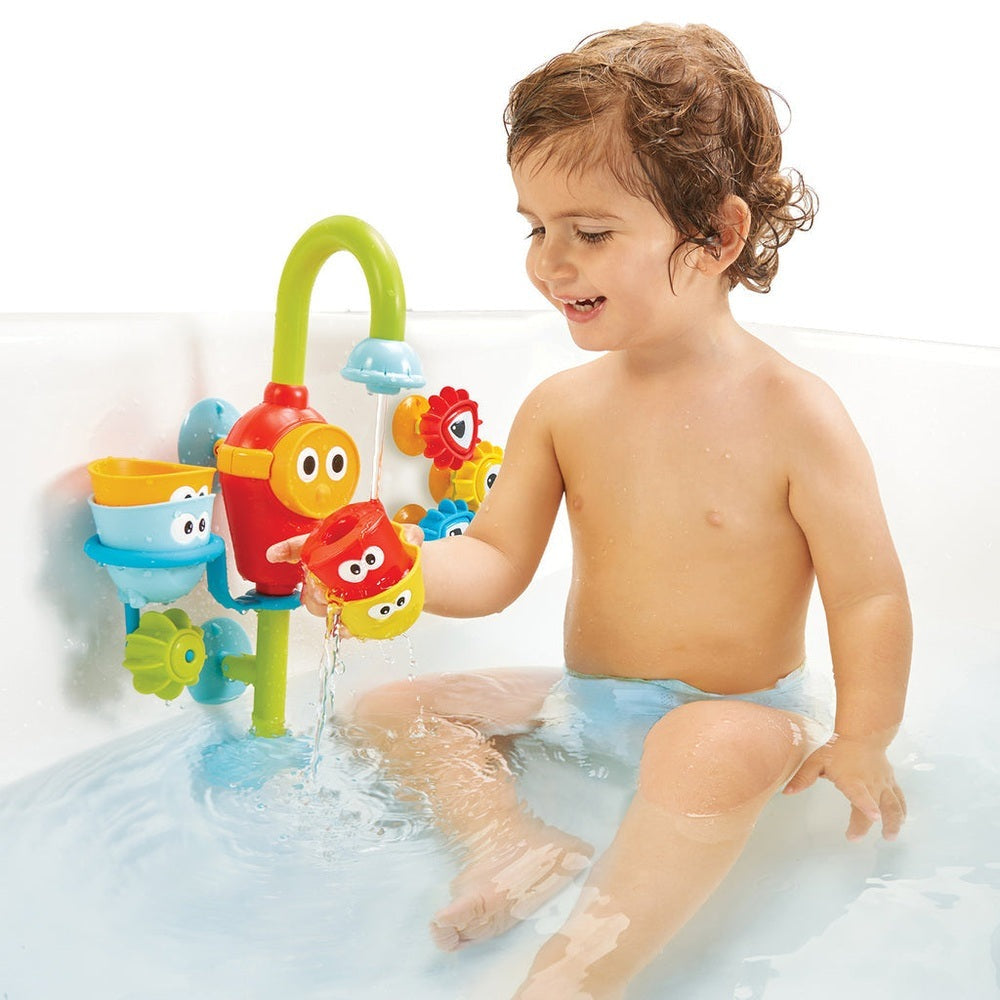 Yookidoo Spin N Sort Spout Pro bath toy with colorful cups and smiling faces for interactive water play