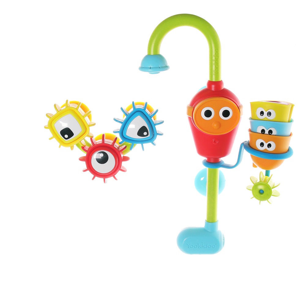 Yookidoo Spin N Sort Spout Pro bath toy with colorful stacked cups and sun-shaped spinners