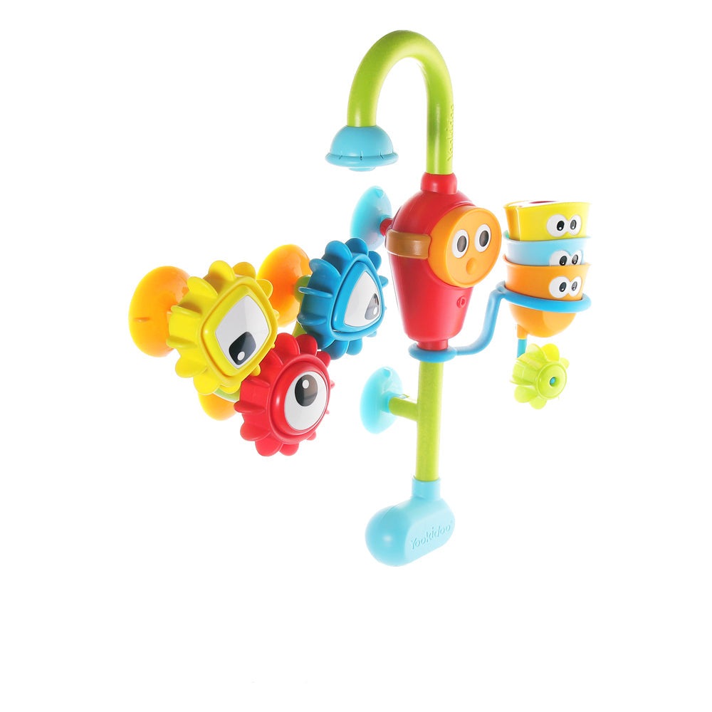 Yookidoo Spin N Sort Spout Pro bath toy with colorful gears, stacked cups and suction base
