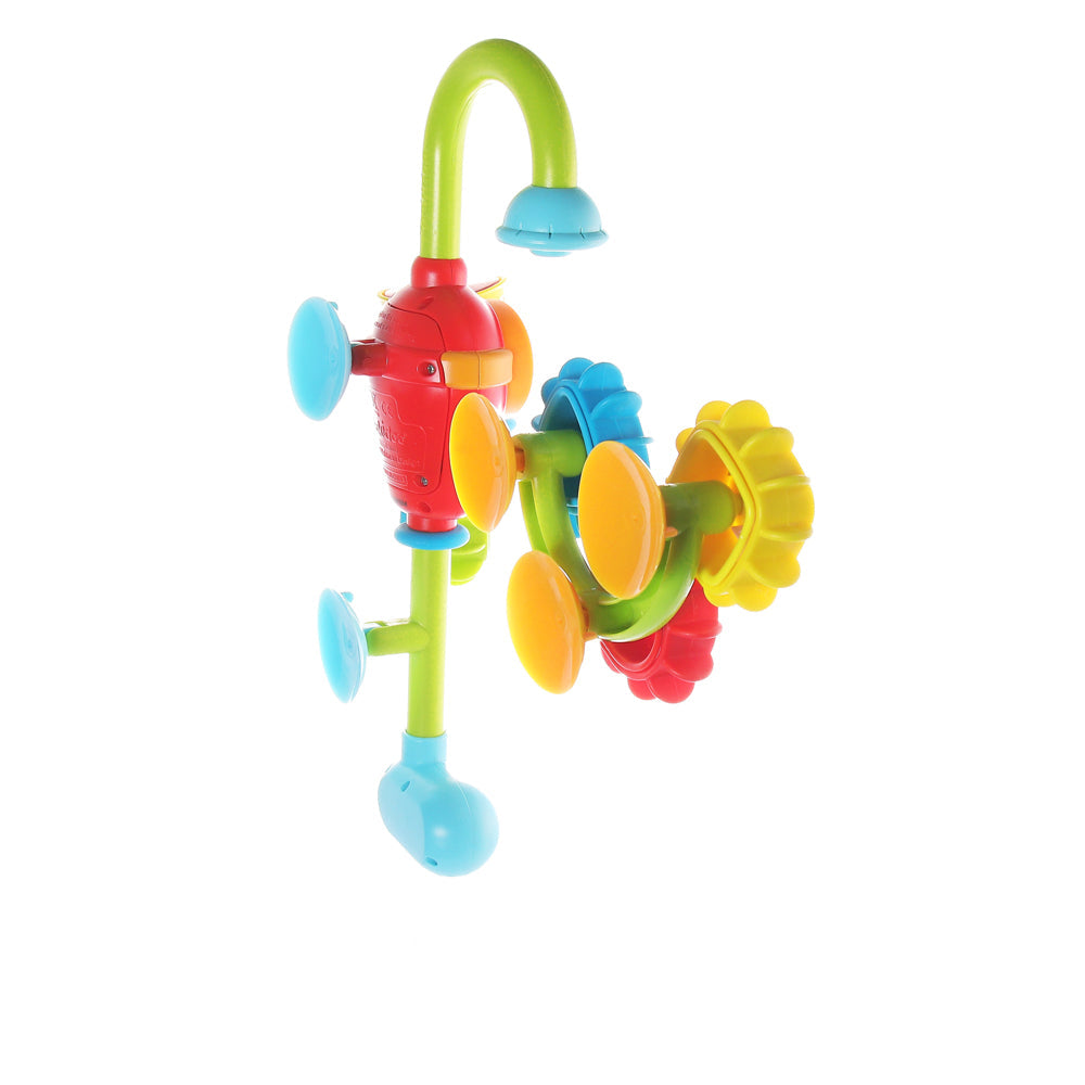 Yookidoo Spin N Sort Spout Pro bath toy with bright red body, green arch, and colorful gears