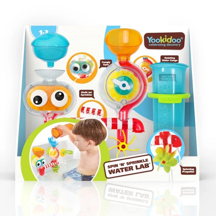 Yookidoo Spin N Sprinkle Water Lab bath toy set with bright colorful rotating components by YOOKIDOO