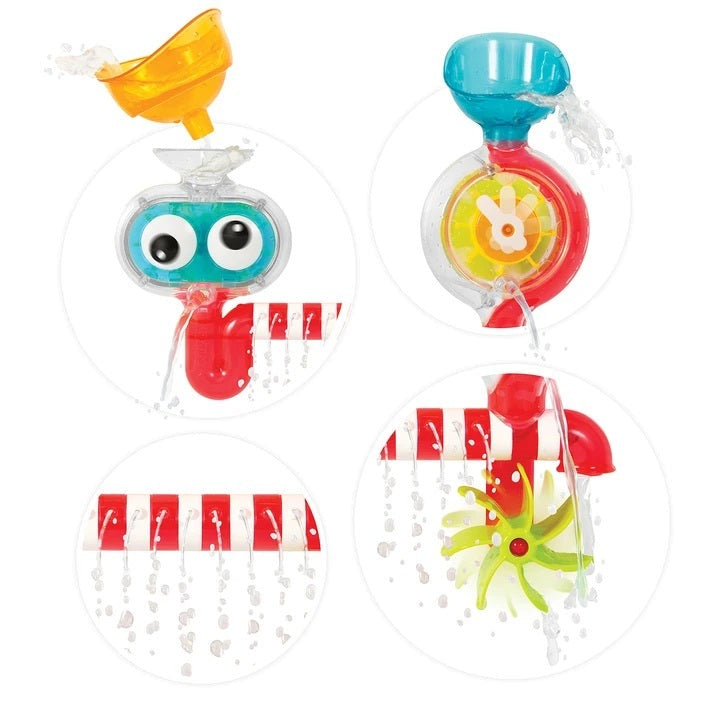 Yookidoo Spin N Sprinkle Water Lab bath toy set with red, blue, and yellow components including rotating sprinkler.
