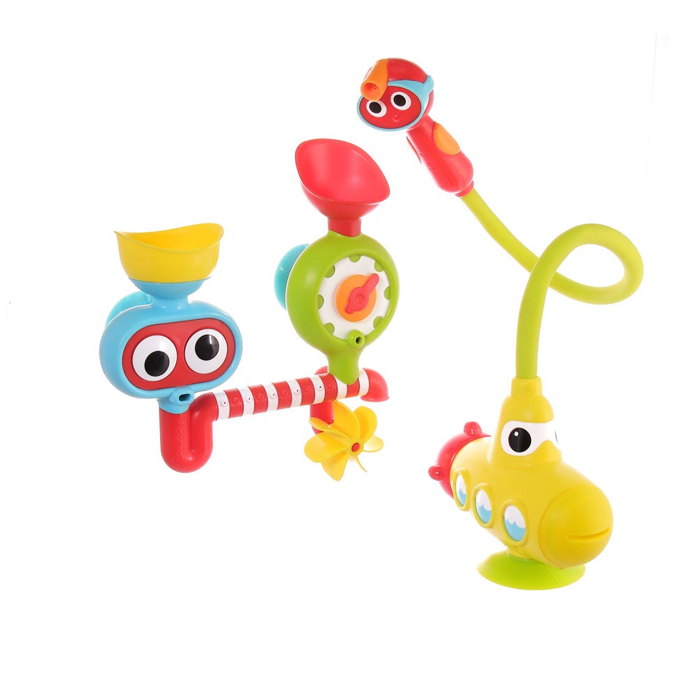 Yookidoo submarine spray station bath toy with a bright yellow submarine and colorful connected components