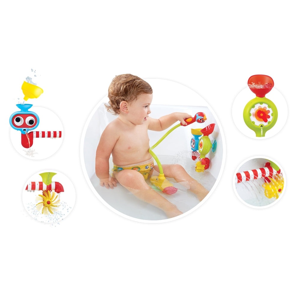 YOOKIDOO Submarine Spray Station bath toy for babies; colorful interactive water-sprayer with multiple attachments.