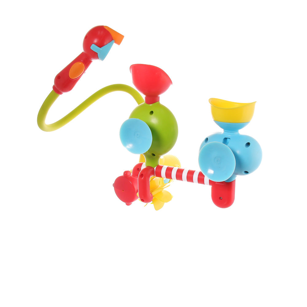 Yookidoo Submarine Spray Station bath toy with green body, blue wheels, red accents, and yellow funnel