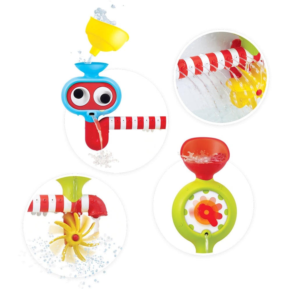 Yookidoo Submarine Spray Station bath toy with blue and red submarine, yellow funnel, striped spray tube