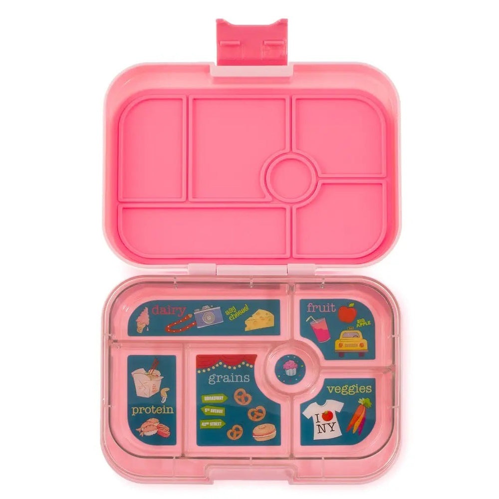 Yumbox Original 6 Compartment Lunchbox, pink case open to reveal six labeled blue compartments.