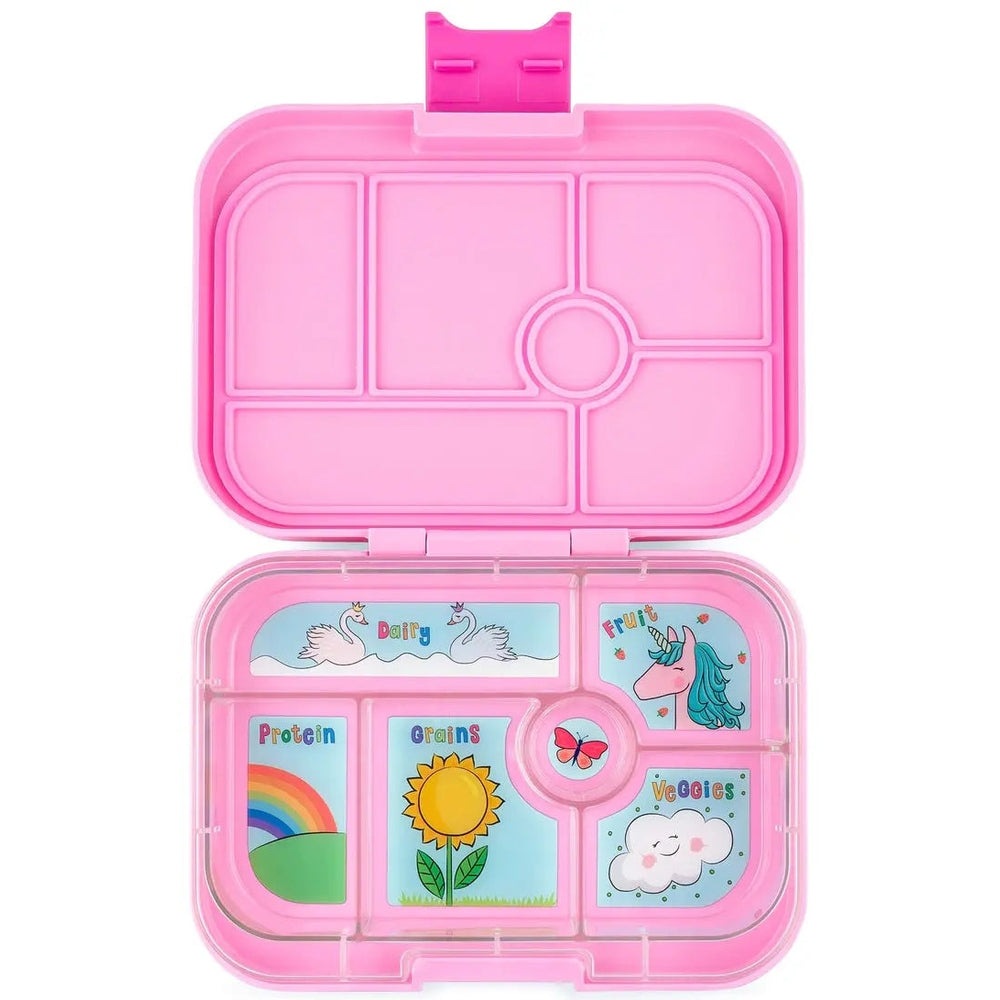Yumbox Original 6-compartment pink lunchbox, opened to reveal labeled Dairy, Fruit, Protein, Grains, Veggies sections.