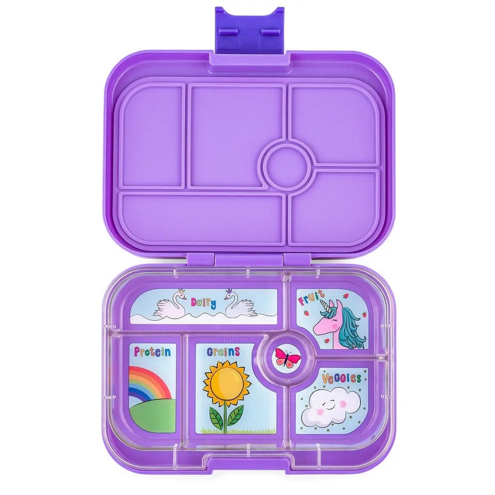 Yumbox Original 6-Compartment Lunchbox in purple, open to reveal labeled sections with cartoon icons.