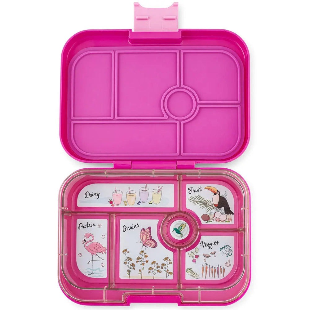 Yumbox Original 6-Compartment Lunchbox in pink, open to reveal six labeled illustrated sections and lid clip.