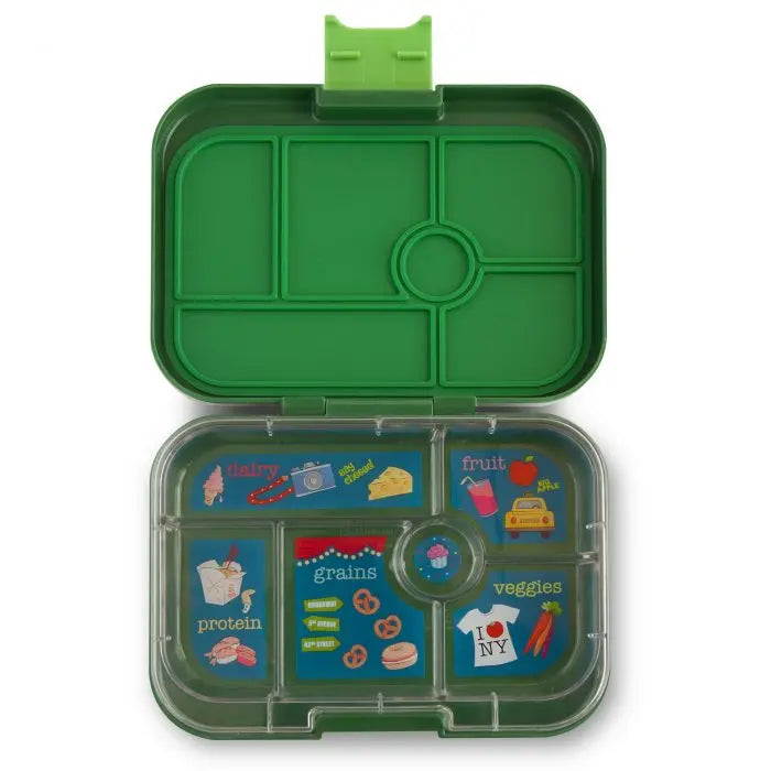 Yumbox Original 6 Compartment Lunchbox, green exterior, opens to reveal six blue, labeled compartments for meals.