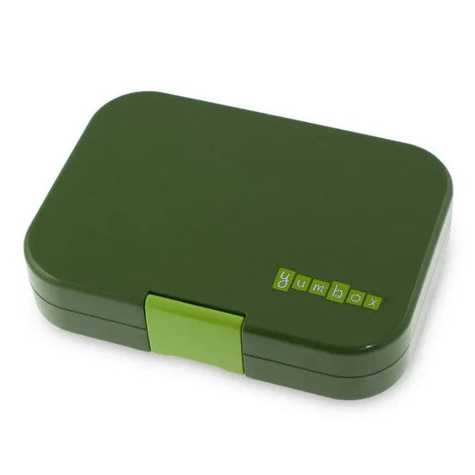 Yumbox Panino 4 Compartment Lunchbox in dark green with lime latch securely snapped shut.