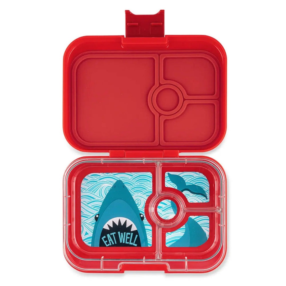 Yumbox Panino 4-Compartment Lunchbox, red, opened to reveal four sections and a shark graphic.