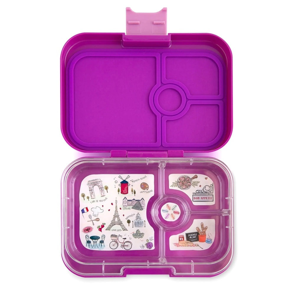 Yumbox Panino 4-Compartment Lunchbox in purple, open to reveal divided tray and playful stickers.