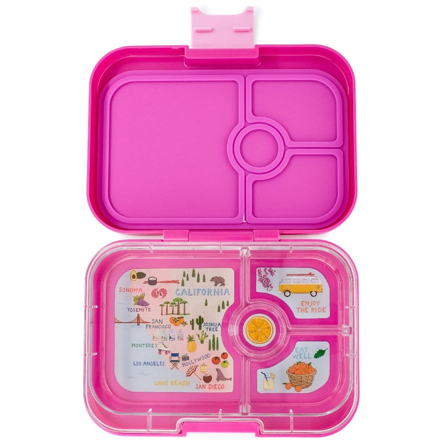 Yumbox Panino lunchbox, pink with four compartments and a central divider, opened to show colorful inserts.