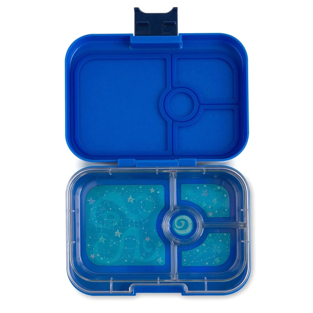 Yumbox Panino 4-compartment lunchbox in blue, open to show four sections and secure clip lid.