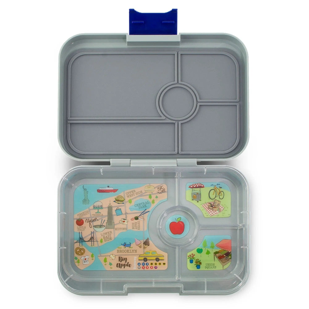 Yumbox Tapas 4 Compartment Lunchbox in gray with blue latch, open to show four map-themed inserts in each section.