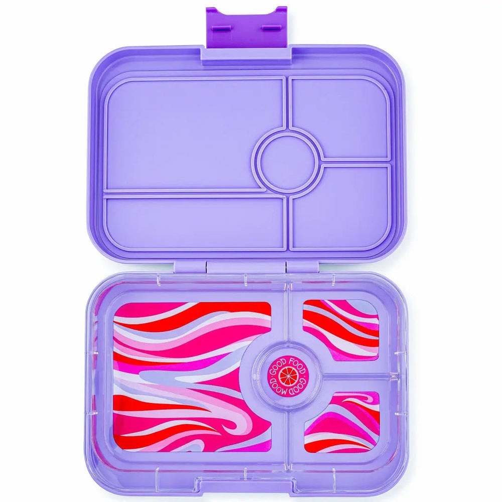 Yumbox Tapas 4 Compartment Lunchbox, purple, open to show four sections and a pink wavy-pattern bottom tray.