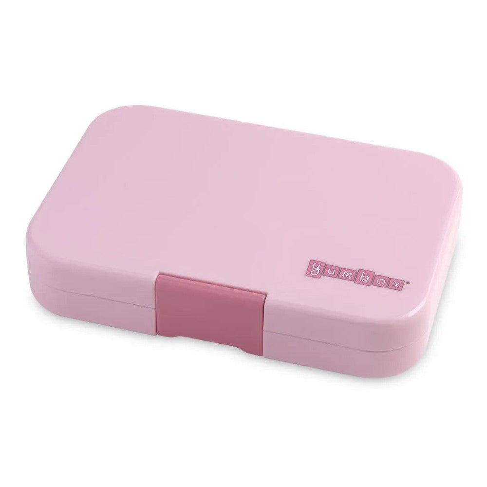 Yumbox Tapas 4-compartment lunchbox in pastel pink, front latch securely closed.