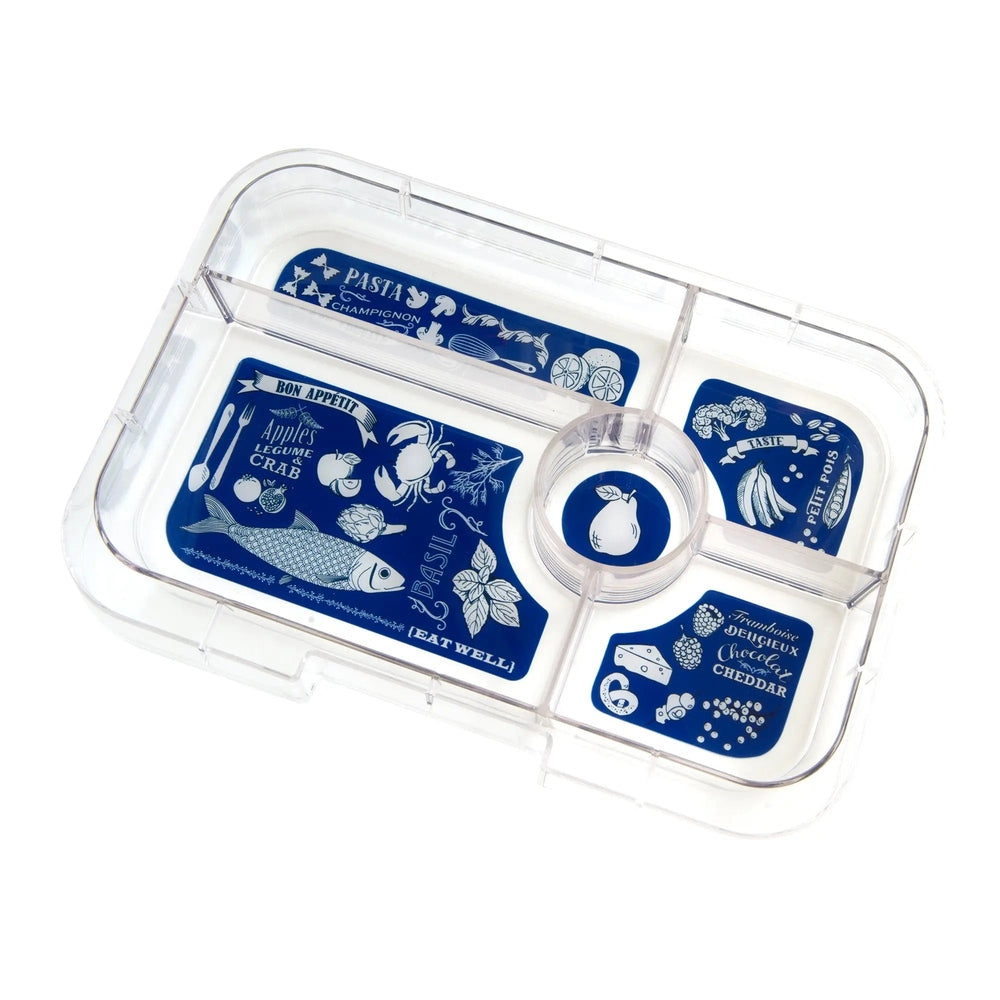Yumbox Tapas 5-Compartment Lunchbox in clear plastic with blue inserts, showing five food sections.