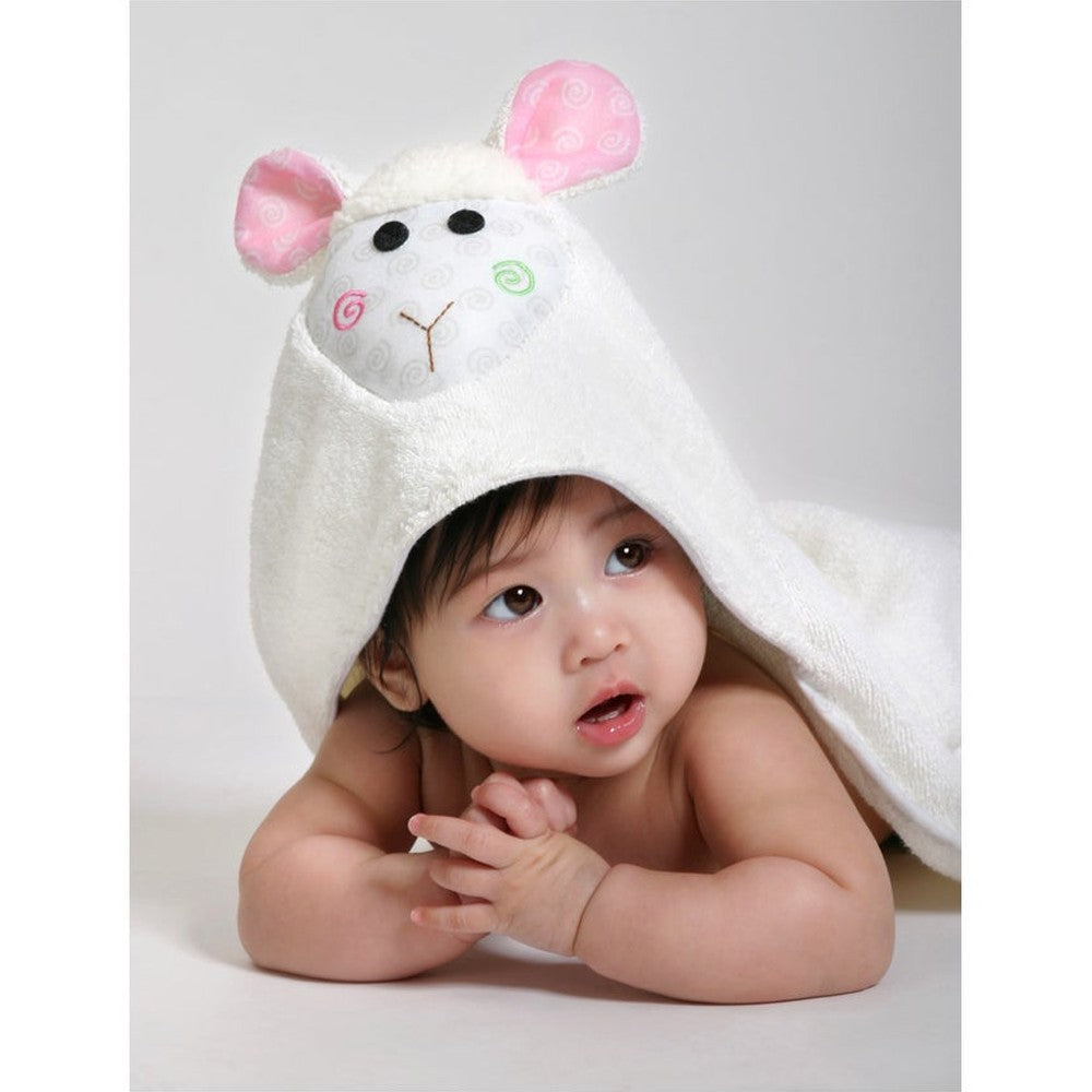 Zoocchini Lola the Lamb hooded baby bath towel in white terry with pink ears