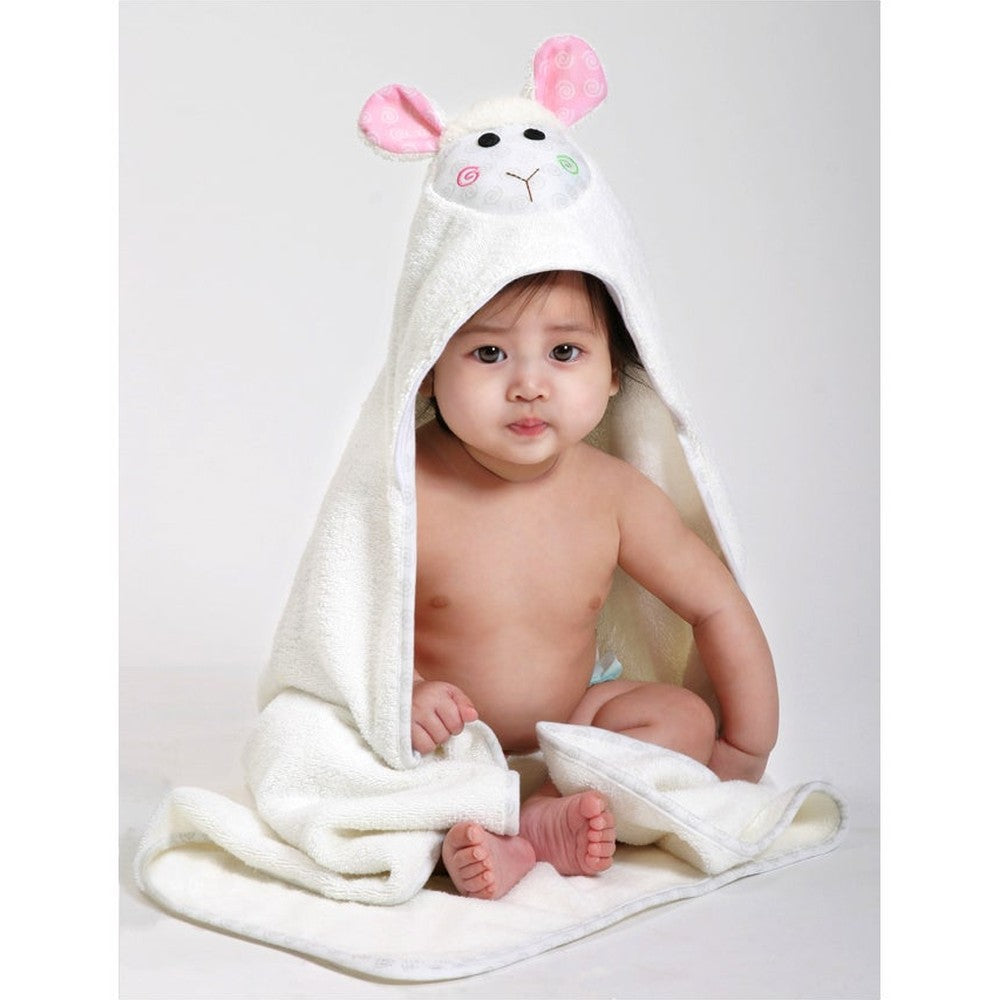 Zoocchini Lola the Lamb hooded baby towel, white terry with pink ears, 0–18m

