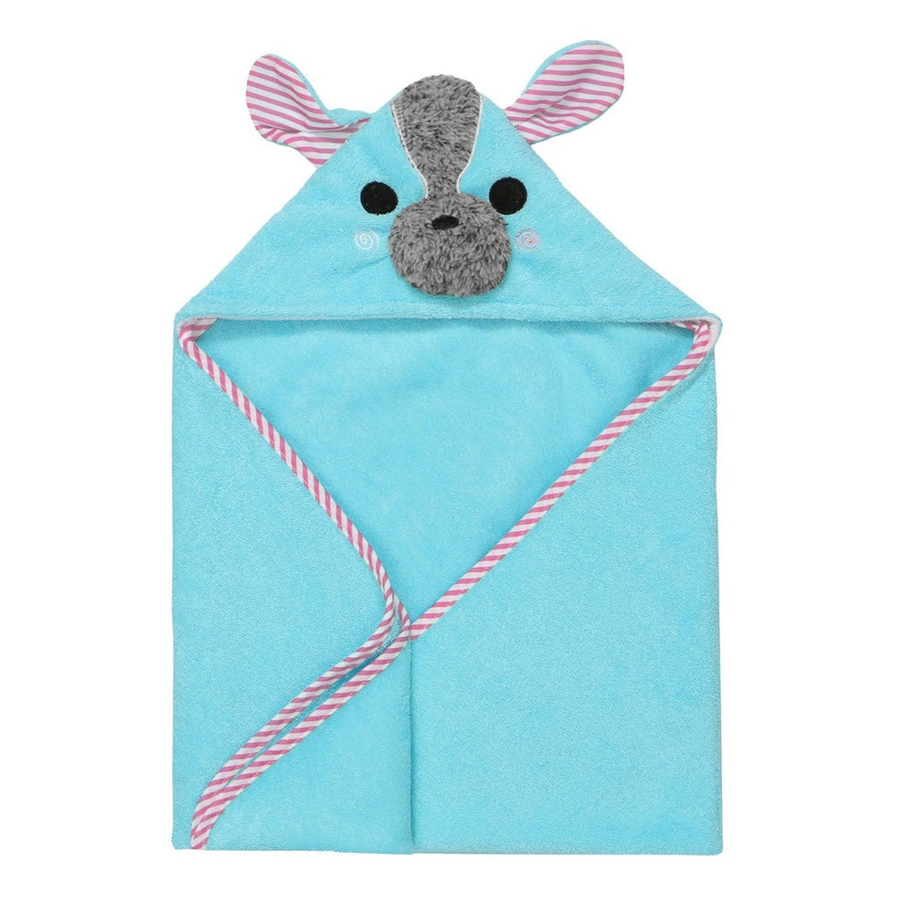 Zoocchini hooded bath towel Yoko the Yorkie in blue snow-terry with pink striped ears