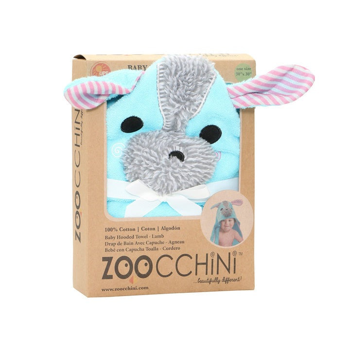 Zoocchini Yoko the Yorkie hooded bath towel, blue terry with gray plush face and pink striped ears