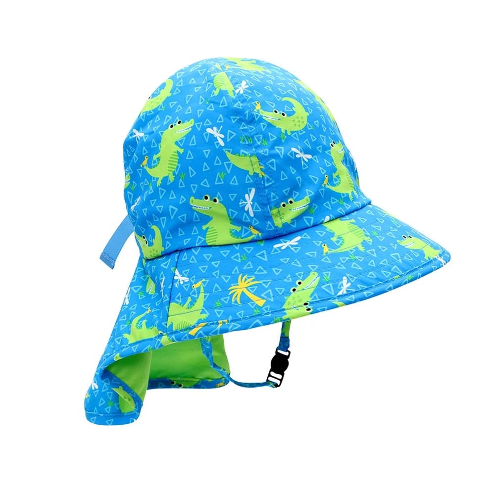 Zoocchini baby sun hat with cape, blue fabric with lime green alligator print and adjustable strap.