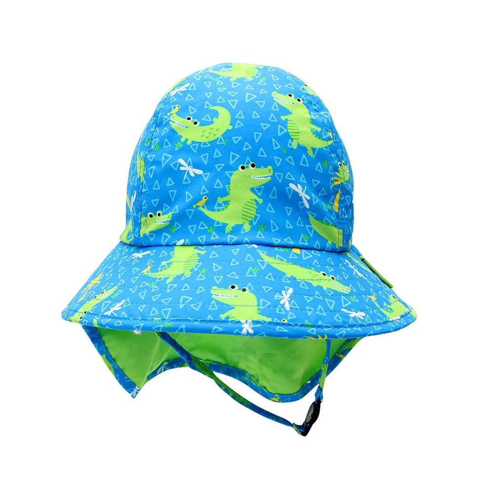 Zoocchini baby sun hat cape; blue with lime-green alligator print and bright lime lining